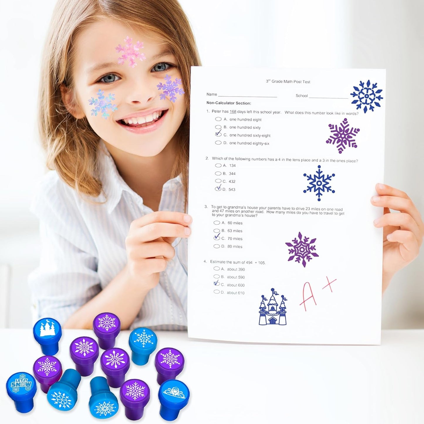 36PCS Snowflake Party Favors - 24PCS Temporary Tattoos & 12PCS Stamps - Ideal Winter Themed Birthday Card Decorations Supplies Goodie Bag Cute Rewards for Boys Girls Classroom Gifts Baby Shower Prizes