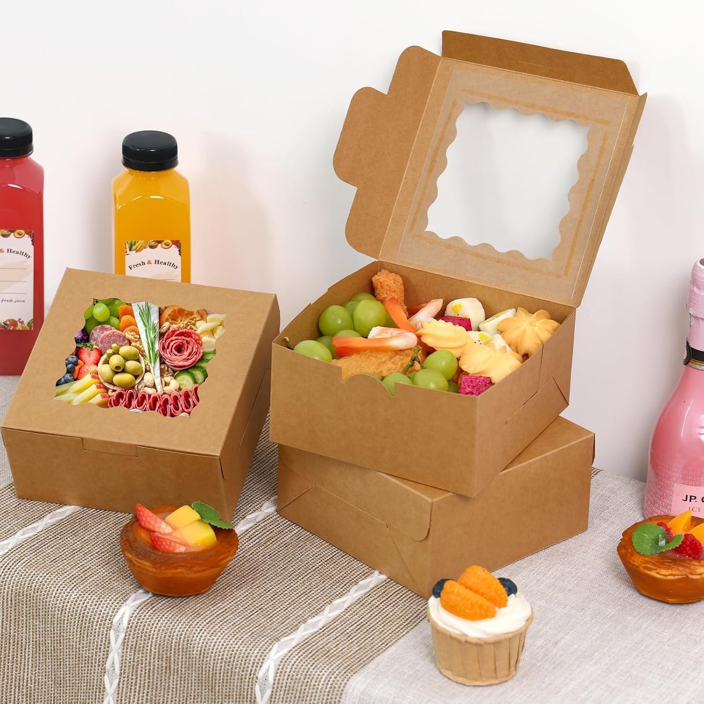 Moretoes 15pcs Cookie Boxes with Window, 6x6x3in Brown Bakery Boxes for Treats, Small Cake, Desserts, Donuts, Pastry