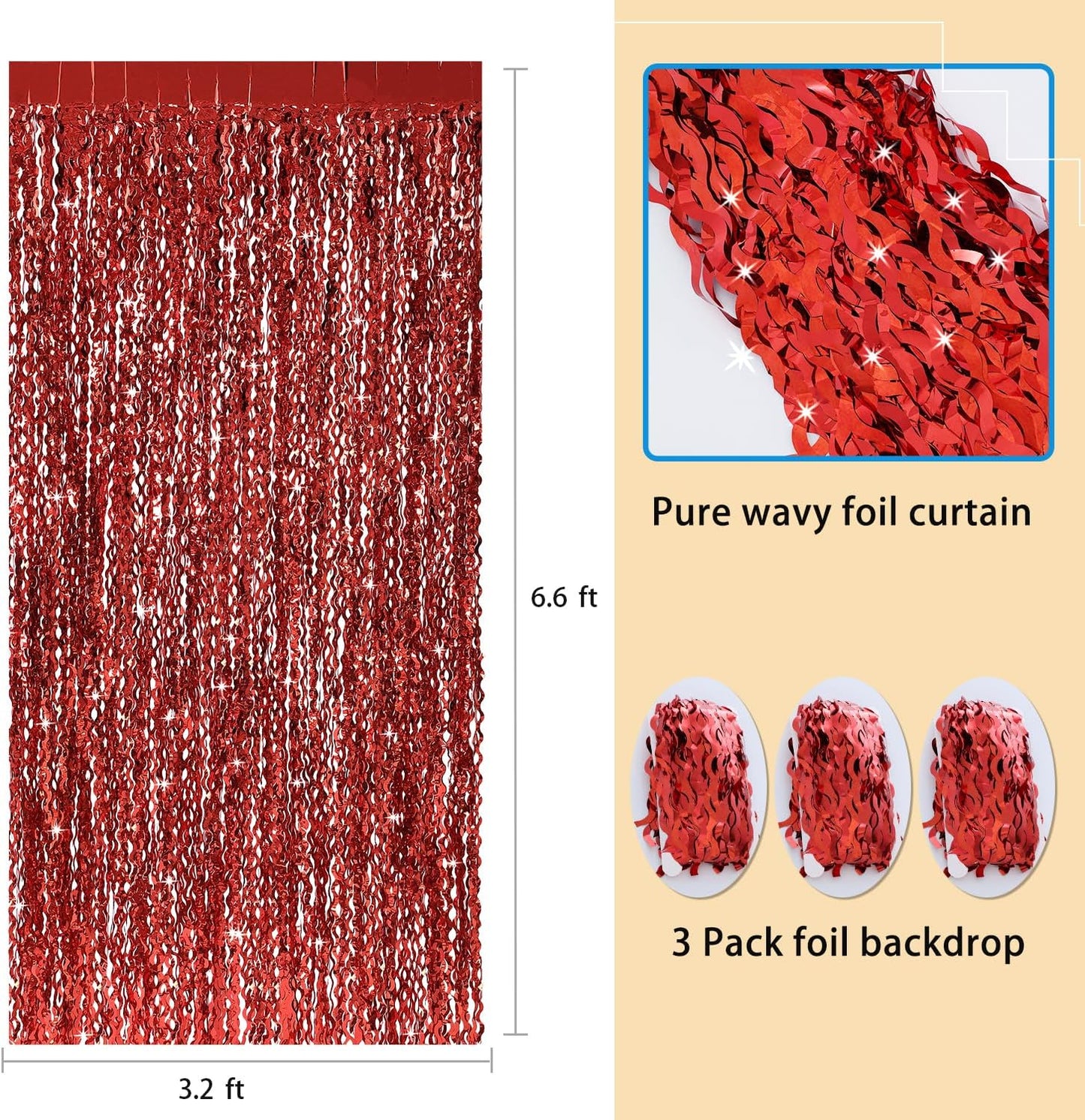 3 Pack Colorful Foil Fringe Curtain Backdrop - 6.6 x 3.3 ft Wavy Rainbow Tinsel Backdrop Curtain Metallic Streamers Iridescent Holiday Photo Booth Party Decorations