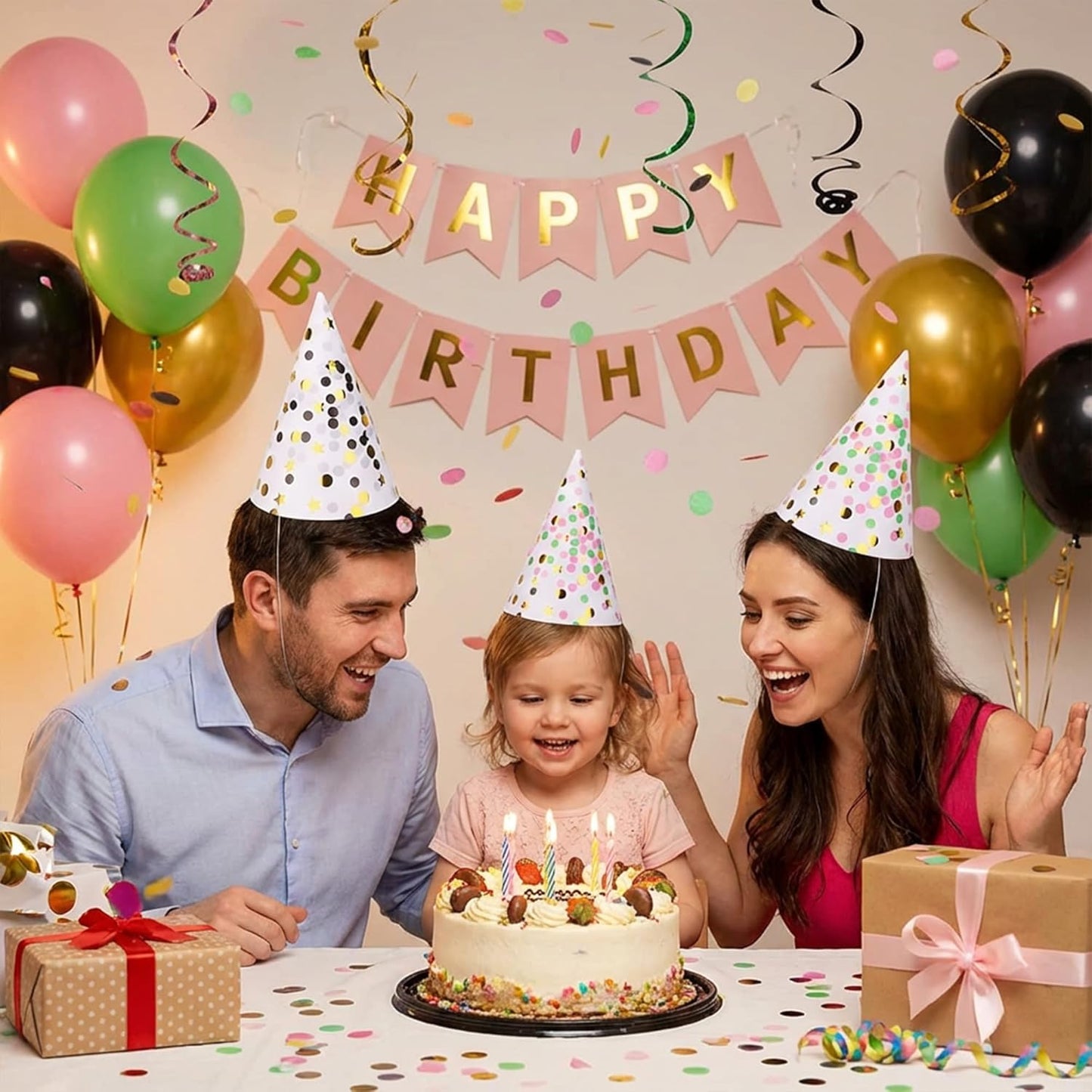 Boieo Party Hats Birthday Cone Hat for Adults Kids Gold Polka Dot Paper with Elastic String 12 pcs