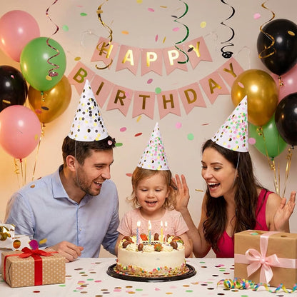 Boieo Party Hats Birthday Cone Hat for Adults Kids Gold Polka Dot Paper with Elastic String 12 pcs