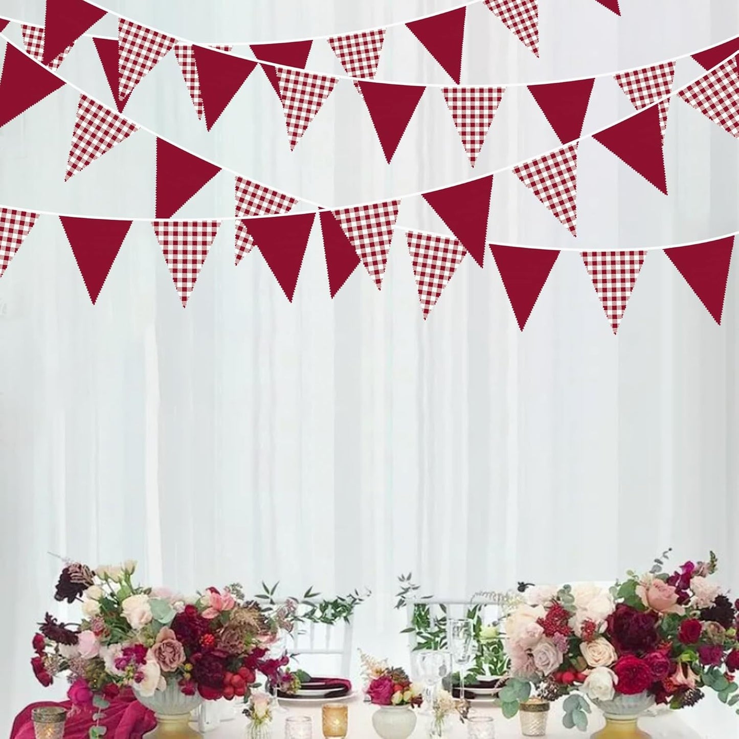 32Ft Dusty Blue Party Decorations Retro Blue Gingham Triangle Banner Flag Pennant Fabric Garland Streamers for Nautical Wedding Birthday Ahoy Achor Bridal Baby Shower Under The Sea Decor Supplies