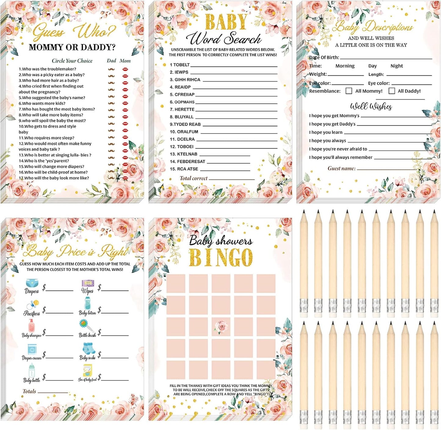 Yinder 145 Pcs Baby Shower Games Activities Cards with 20 Pencils Includes Baby Bingo Description and Wishes Guess Who Price is Right Word Scramble Game(Here Comes the Son)