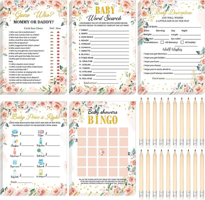 Yinder 145 Pcs Baby Shower Games Activities Cards with 20 Pencils Includes Baby Bingo Description and Wishes Guess Who Price is Right Word Scramble Game(Here Comes the Son)