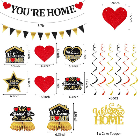 Holkcog Welcome Home Decoration, Black Gold Welcome Back Party Decorations, We Missed You So Much Banner Party, Glitter Home Party Sign Banner Ballons, Family Reunion Party Decora Supplies