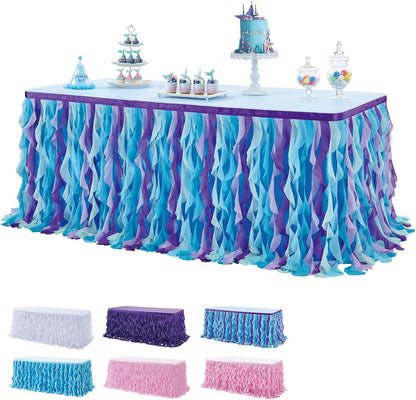 leegleri 6FT Tulle Ruffle Curly Willow Table Skirt for Rectangle or Round Tables, Under The Sea Ocean Blue Baby Shark Themed Tutu Table Skirt for Baby Shower, Birthday Party