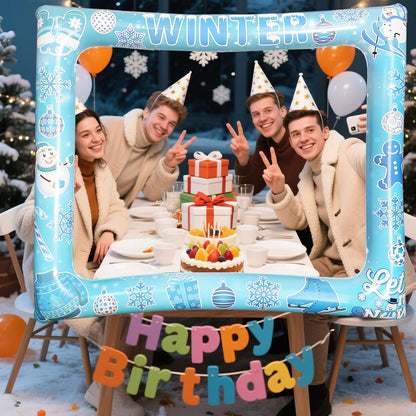 Giant Winter Wonderland Inflatable Photo Photo Frame, Funny Winter Photo Booth Props for Snowman Snowflakes Christmas Frozen Winter Party Decorations Supplies