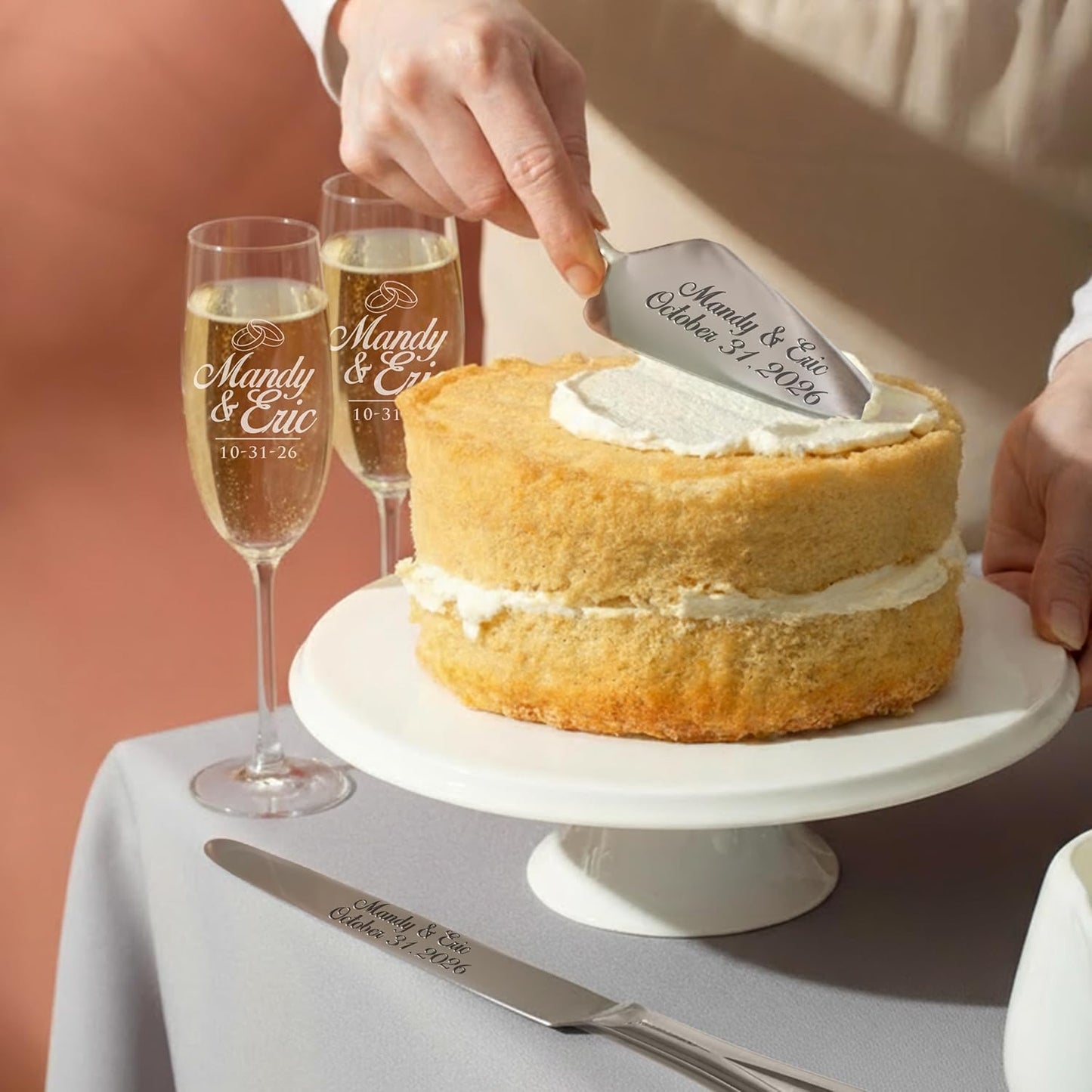 My Personal Memories Personalized Engraved Cake Server Gift Set with Matching Custom Champagne Toasting Flutes