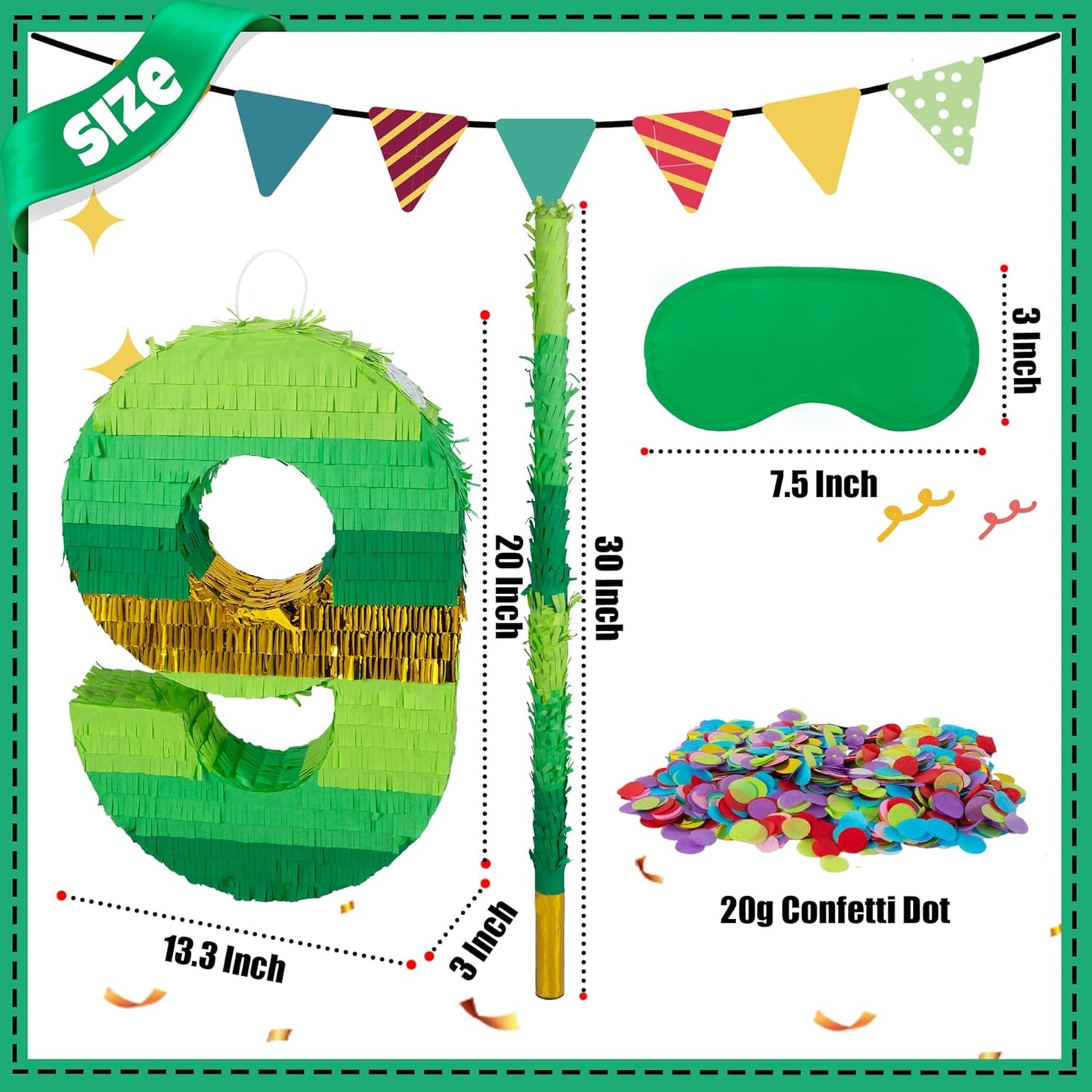 PCFING 20 Inch Number 1 Piñata Green Gold with 30 Inch Piñata Stick Blindfold Confetti for Boy Girl Adults Birthday Party Decorations, Anniversary Celebration, Fiesta