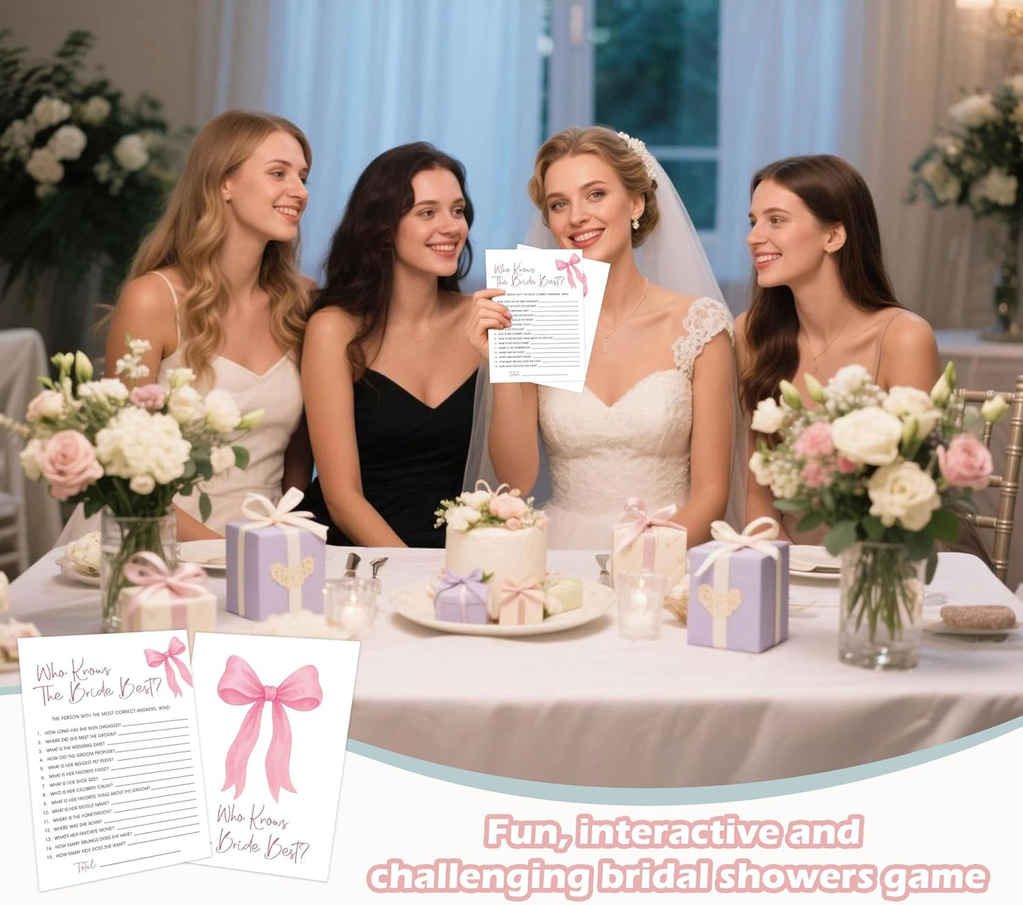 Pink Bow Bridal Shower Bingo Game with Blank Squares, Pack of 30 Game Cards, Bridal Shower Decorations, Wedding Engagement Decor, Bachelorette Party Supplies - KR05