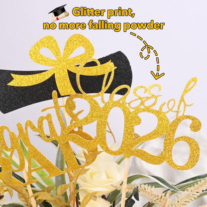 Graduation Decorations 2026, 20 PCS Sparkling Black Double-Sided Centerpiece Sticks for Tables, Class of 2026 Table Toppers and Party Supplies