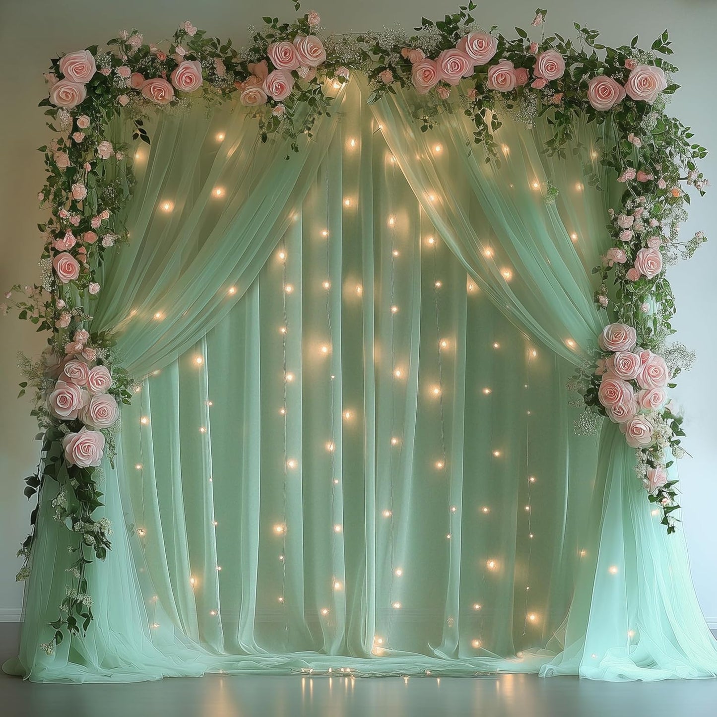 Fomcet Tulle Backdrop Curtains with Lights String White 10FT X 8FT Sheer Curtain with Lights Tulle Curtains Backdrop for Wedding Birthday Party Baby Shower Photo Shoot (2 Panels 5x8FT)