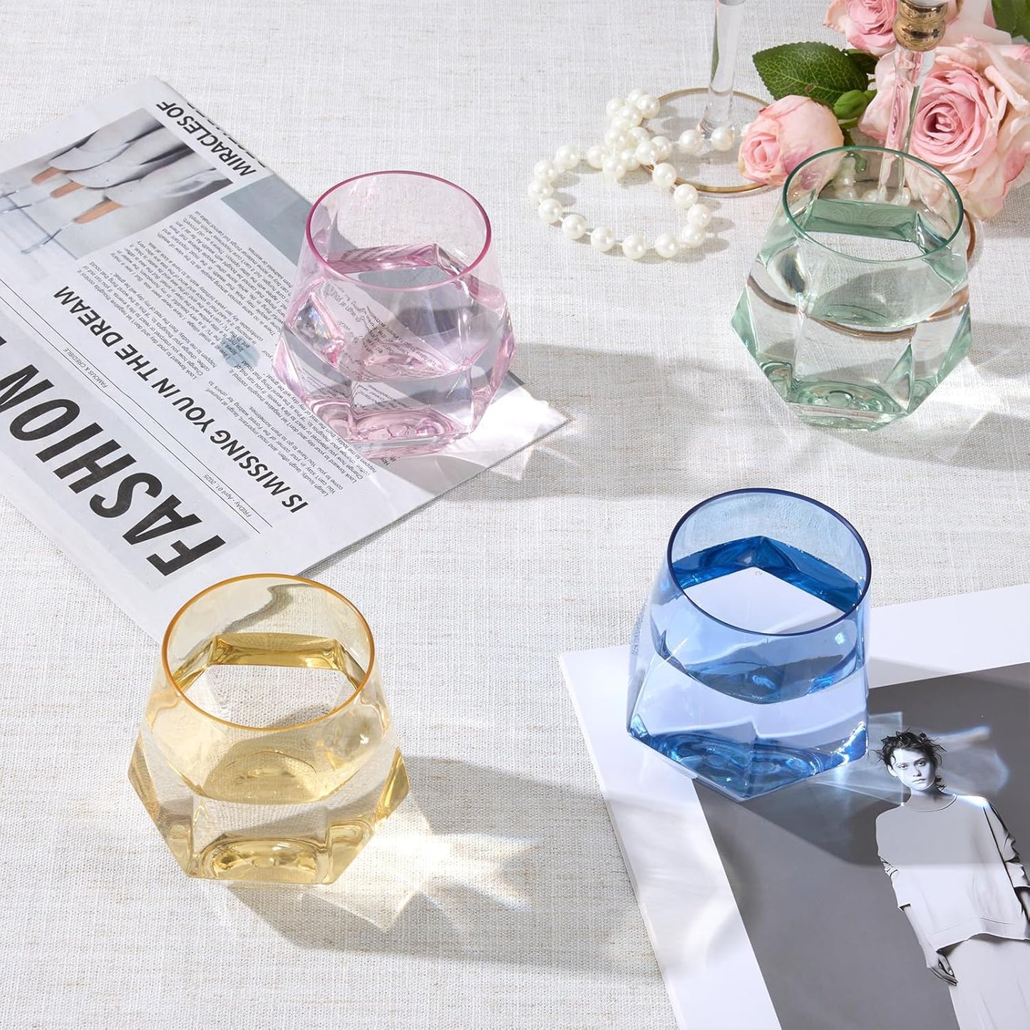 Goodluck 40 PCS Diamond Stemless Plastic Wine Whiskey Glasses, 12 Oz Disposable Cocktail Glasses, Suitable for Weddings, Birthday Parties, Family Gatherings, Bars, etc （Gold rimmed cups）