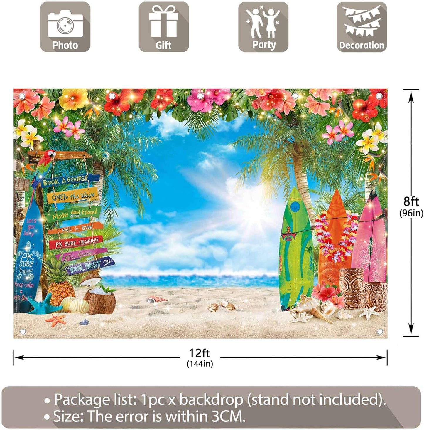 7x5ft Summer Hawaiian Beach Photography Backdrop Tropical Flower Palm Leaves Surfboard Background for Luau Aloha Party Decoration Banner Photo Booth