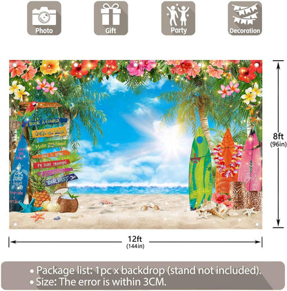 7x5ft Summer Hawaiian Beach Photography Backdrop Tropical Flower Palm Leaves Surfboard Background for Luau Aloha Party Decoration Banner Photo Booth