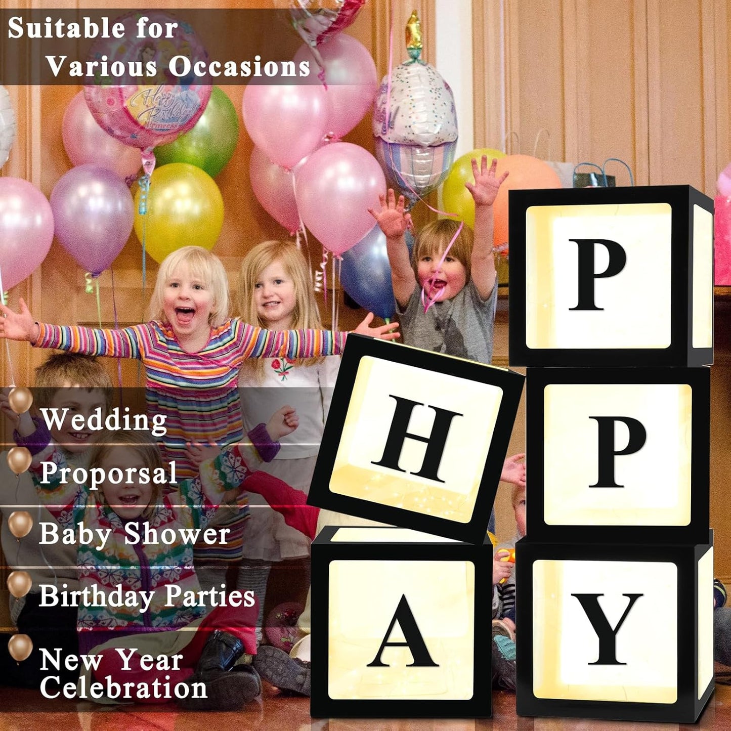 Ledido Transparent Balloon Boxes, Clear Balloon Boxes with 5 Pcs String Lights and 78 Letters for Baby Shower Gender Reveal 2026 New Year Grad Party Birthday Anniversary Bridal Decor - 5 White Boxes