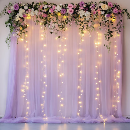 Fomcet Tulle Backdrop Curtains with Lights String White 10FT X 8FT Sheer Curtain with Lights Tulle Curtains Backdrop for Wedding Birthday Party Baby Shower Photo Shoot (2 Panels 5x8FT)
