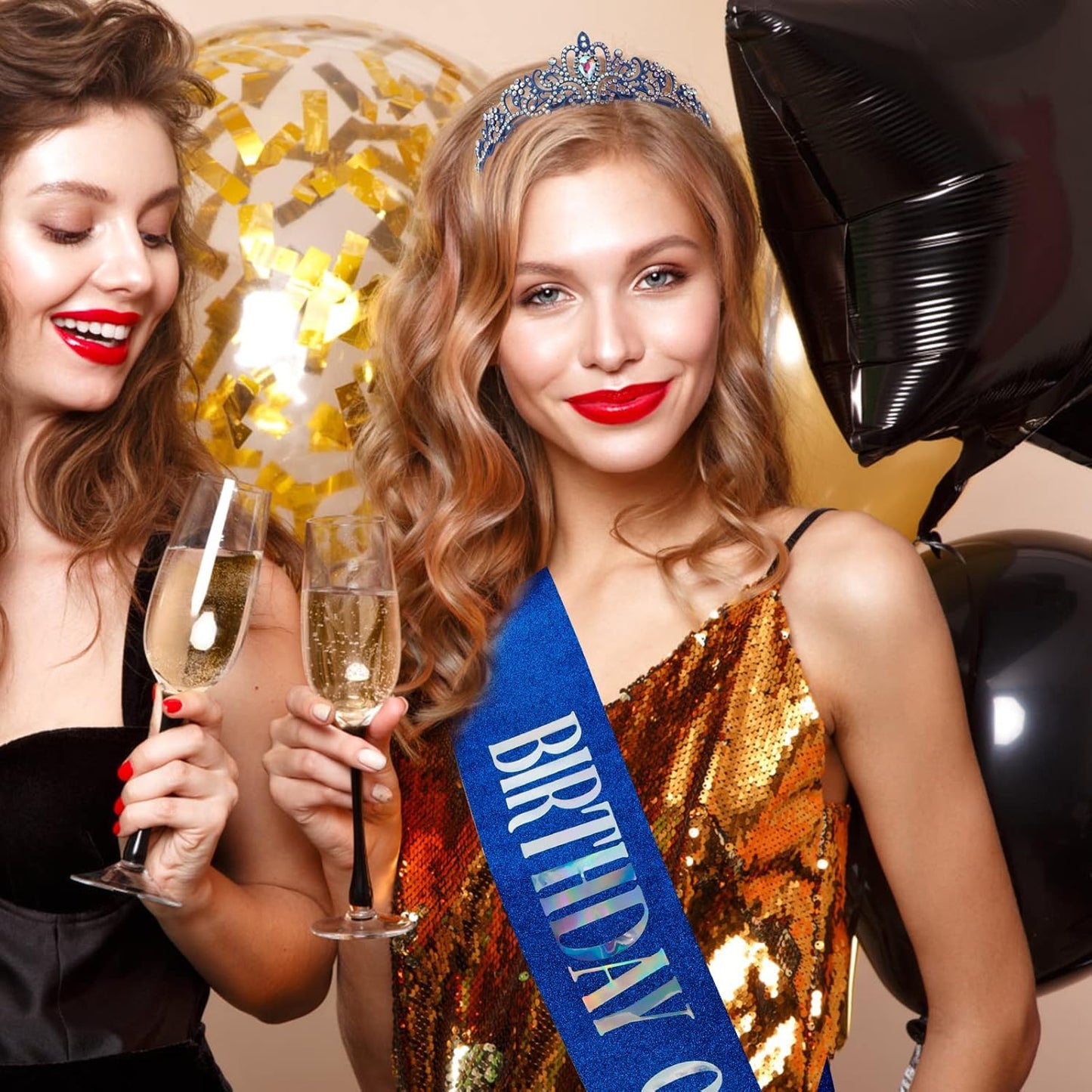 COCIDE Birthday Queen Sash & Rhinestone Tiara Set Gold Happy Birthday Crowns for Women Party Decoration Kit Rhinestone Headband for Women Glitter Crystal Hair Accessories for Cake Topper