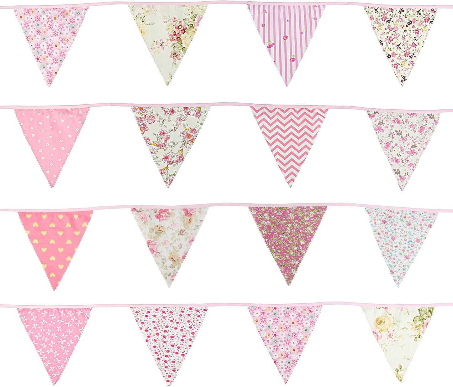G2PLUS 39Ft Triangle Bunting Banner, 42Pcs Pink Floral Garland Pennant Banner, Reusable Cotton Triangle Flags Party Decoration for Birthday, Wedding, Garden Tea Party, Baby Shower, Room Decor