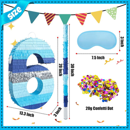 PCFING 20 Inch Number 3 Piñata Blue Silver with 30 Inch Piñata Stick Blindfold Confetti for Boys Girls Adults Birthday Party Decorations, Anniversary Celebration, Fiesta