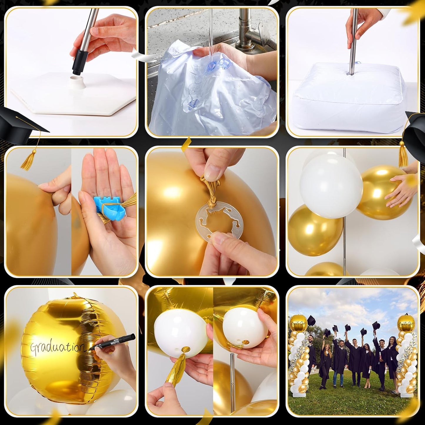 2 Sets Blue and Black White Graduation Balloon Column Stand Kit for Class of 2026, Adjustable Floor Balloon Arch Tower with Foil & Latex Balloons, DIY Decor for Grad Ceremony Backdrop