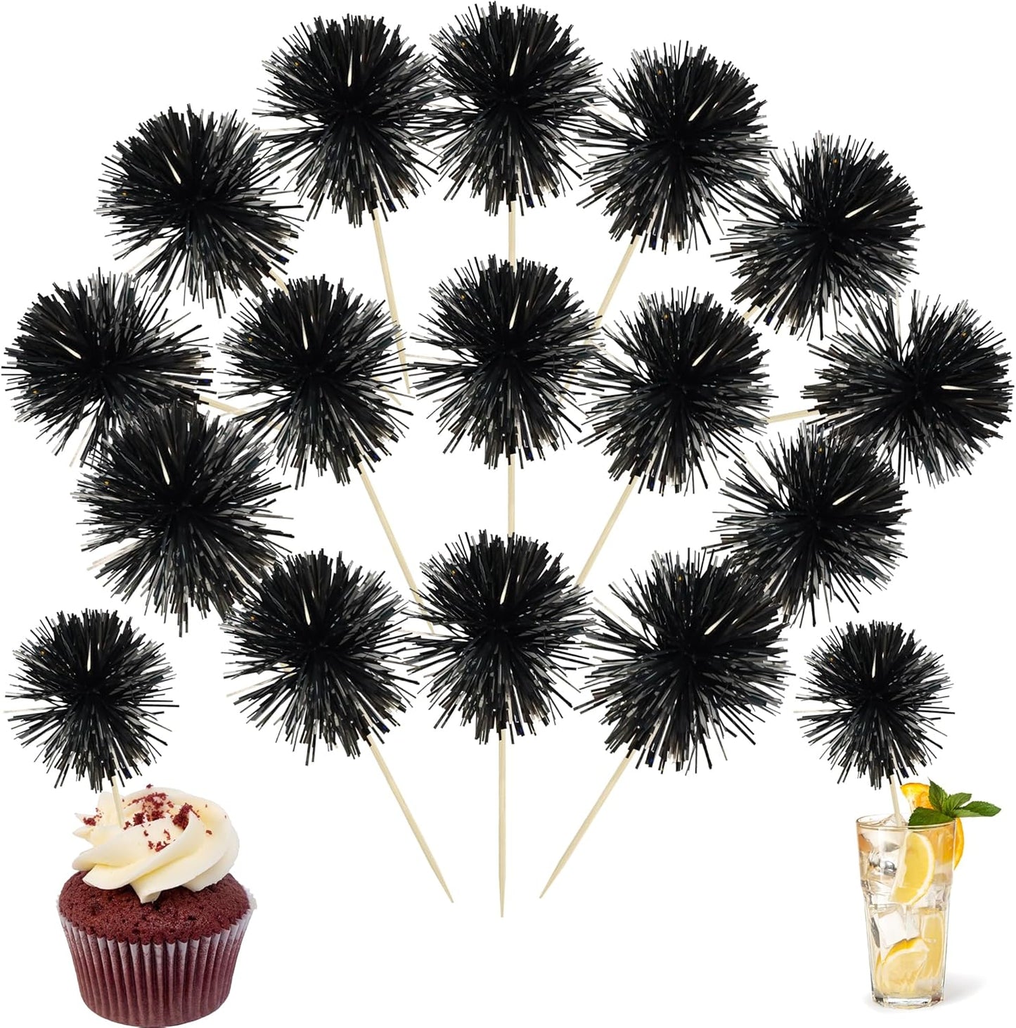 Ephlyn 30Pcs Foil Firework Cupcake Toppers Sparkle Tinsel Cupcake Picks Drink Stirrers Cocktail Food Fruit Toothpicks for Baby Shower Graduation Party Supplies White