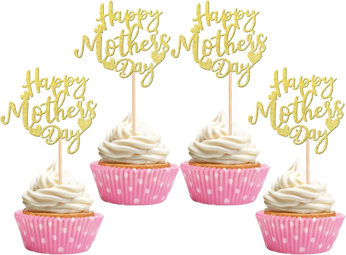 24 PCS Happy Mother's Day Cupcake Toppers with Glitter Heart Love Mother Best Mom Cupcake Picks for Happy Mother's Day Theme Women Birthday Party Cake Decorations Supplies Rose Gold