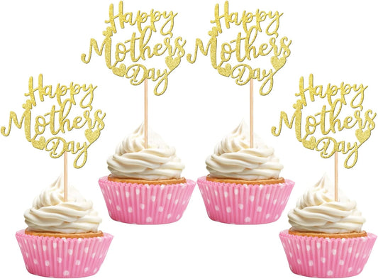 24 PCS Happy Mother's Day Cupcake Toppers with Glitter Heart Love Mother Best Mom Cupcake Picks for Happy Mother's Day Theme Women Birthday Party Cake Decorations Supplies Rose Gold