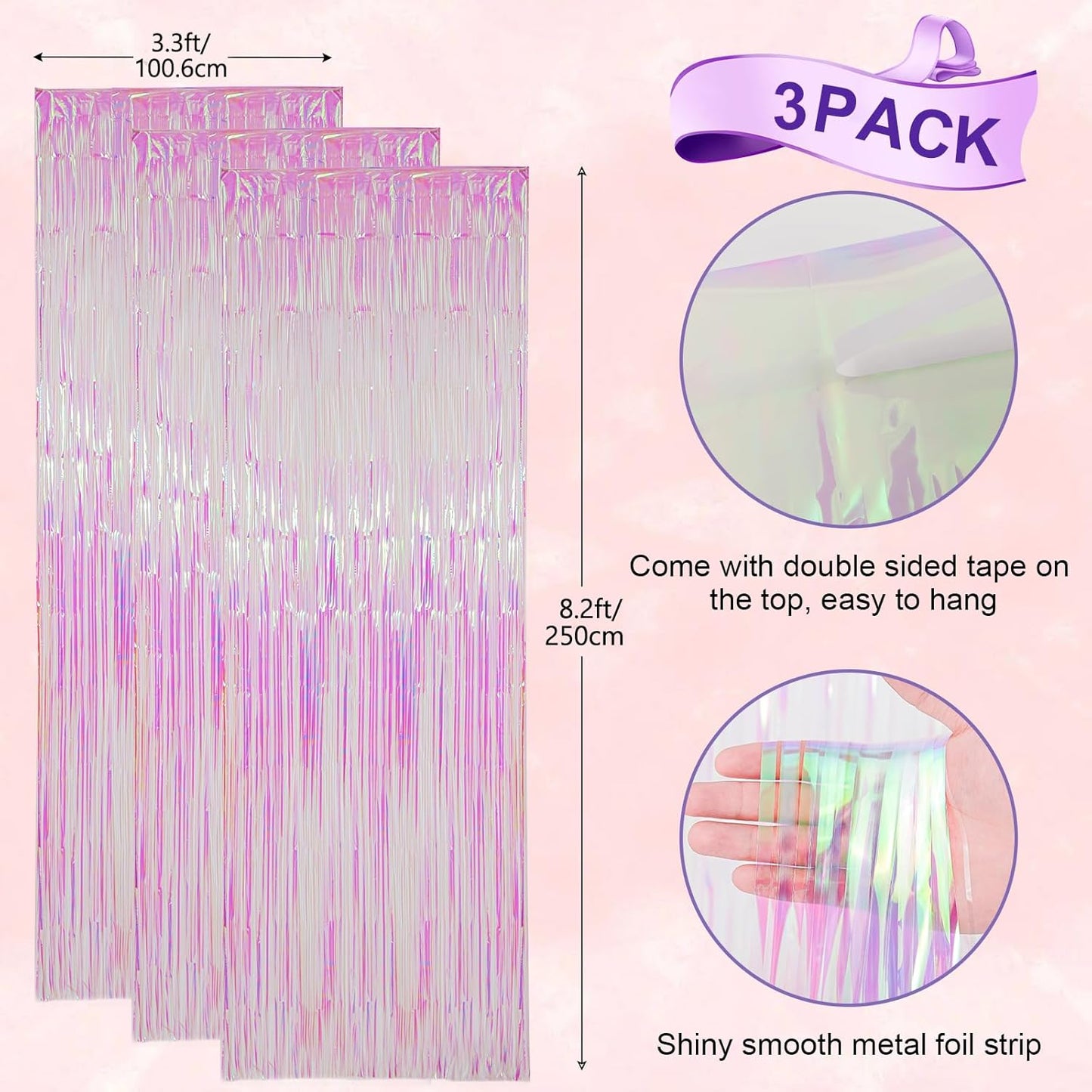 Voircoloria 3 Pack 3.3x8.2 Feet Gold Foil Fringe Backdrop Curtains, Tinsel Streamers, Fringe Backdrop for 2025 New Years Eve, Graduation, Birthday, Baby Shower, Gender Reveal, Disco Party - Colors A