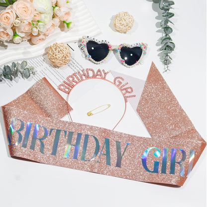 3Pcs Birthday Girl Sash Headband Set-Birthday Sash Tiara and Crown Sunglasses for Girls Women