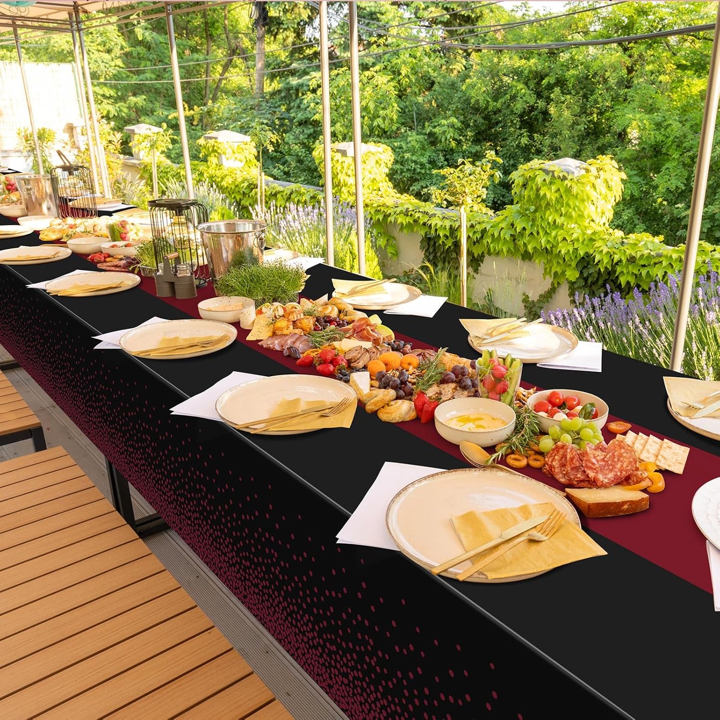 MASHAN 3Pcs Black and Red Tablecloth Party Decorations,Plastic Black Table Cloth Printed Red Table Runner Disposable Rectangle Cover for Birthday Weeding Anniversary Graduation Party,54 x108 Inch