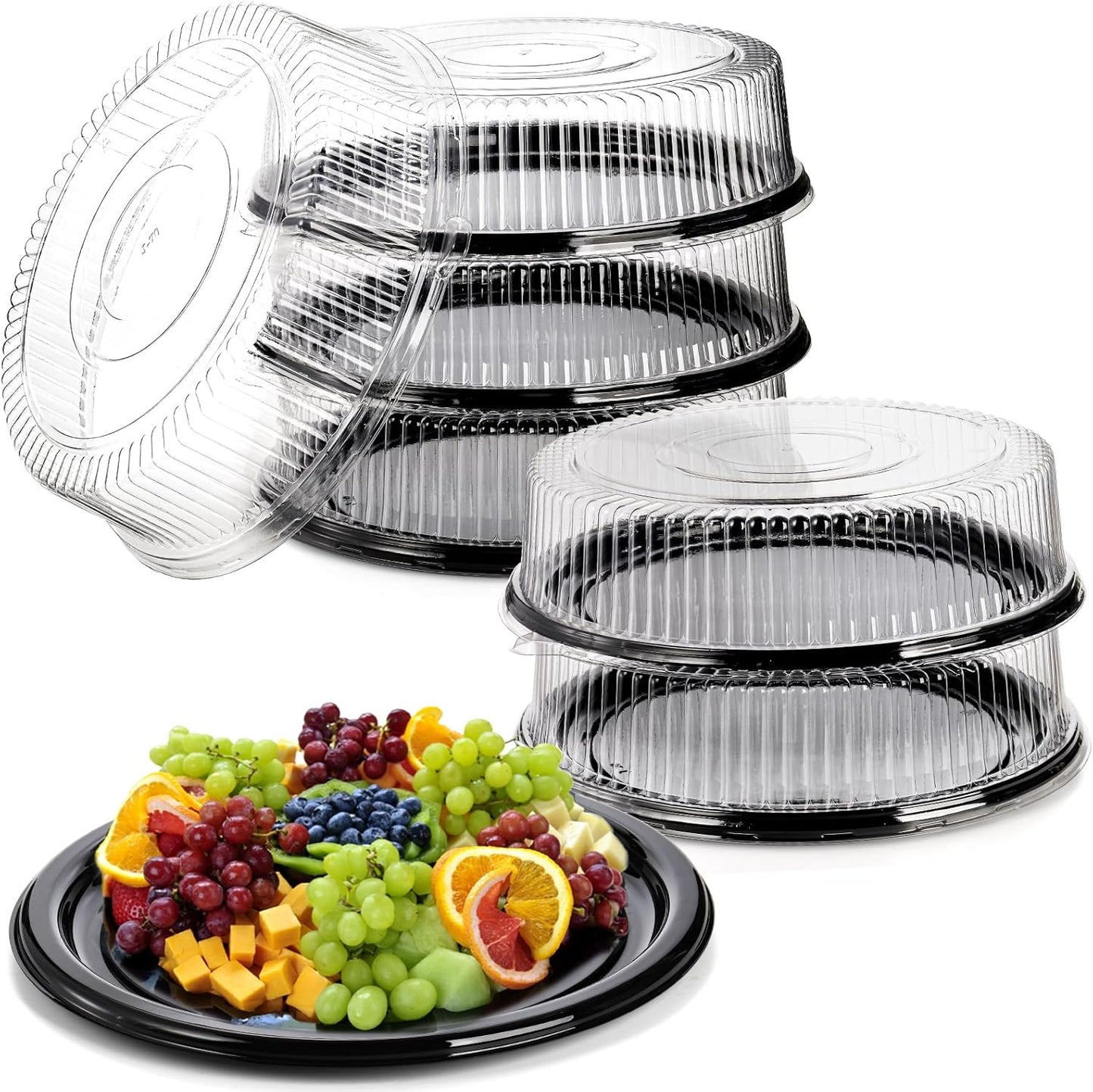 Frcctre 12 Pack 12 Inch Plastic Serving Tray with Lid, Disposable Plastic Food Serving Platters with Clear Dome Lids, Stackable Round Trays for Party, Takeout Food, Catering, Picnic