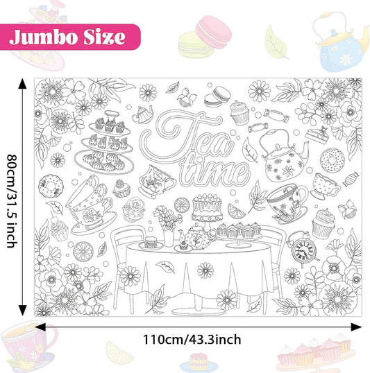 Naozinebi Tea Party Coloring Poster for Kids Spring Giant Coloring Poster Large Flower Tea Time Tablecloth Jumbo Books for Classroom Home Birthday Party Supplies Favor