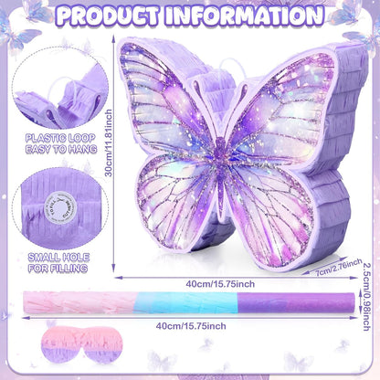 VioraWhite Fairy Piñata Princess Birthday Decorations Fairy Party Piñata Set with Stick and Blindfold for Girls Kids Butterfly Birthday Party Game Decorations Supplies
