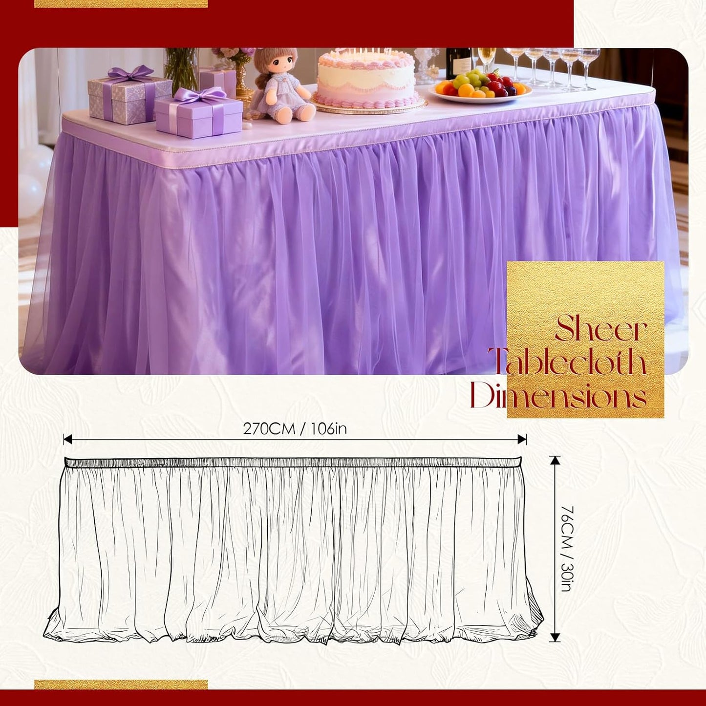 THARAHT Tulle Table Skirt 6FT 180CM Long for Rectangle Tables Round Tables Ruffle Desk Skirt for Princess Girls Birthday Party Cake Dessert Decorations Table Skirt