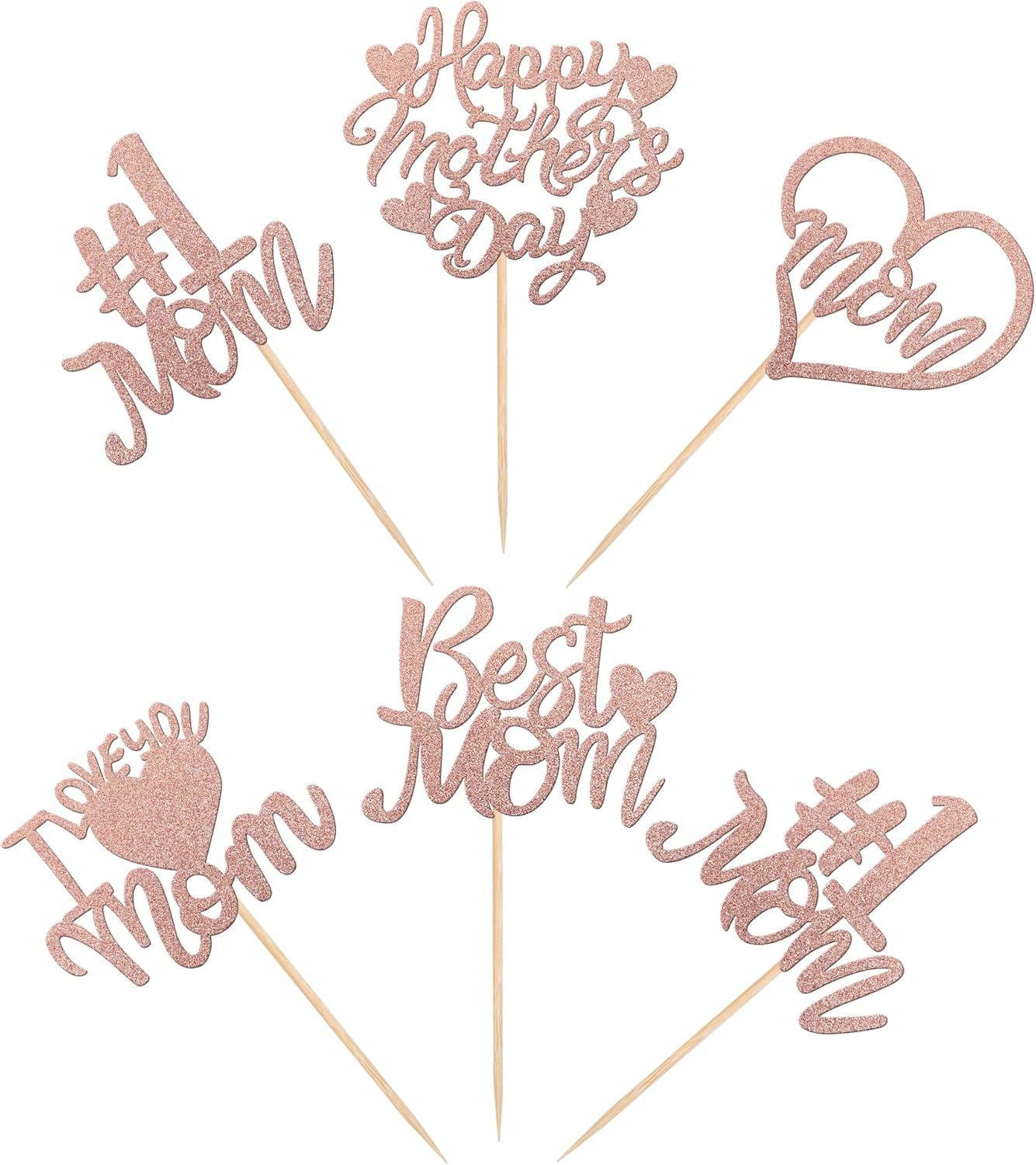 24 PCS Happy Mother's Day Cupcake Toppers with Glitter Heart Love Mother Best Mom Cupcake Picks for Happy Mother's Day Theme Women Birthday Party Cake Decorations Supplies Rose Gold