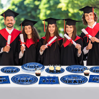 200Pcs Graduation Decorations 2026, Blue Graduation Plates and Napkins Party Supplies for 50 Guests, Disposable Grad Plates, Napkins, Dessert Plates and Forks for Grad Decor Wedding Birthday Supplies