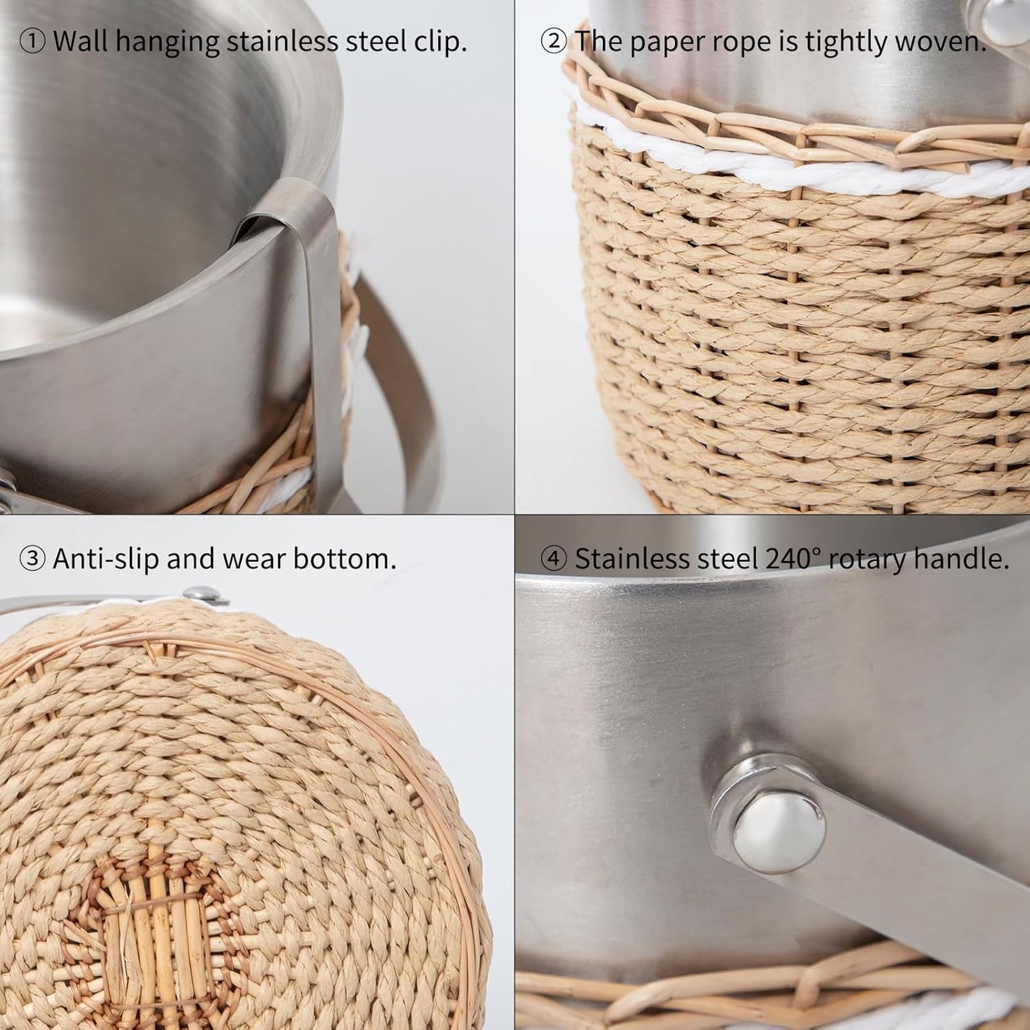 Handwoven 3L Stainless Steel Ice Bucket with Lid and Ice Tongs, Large Insulated Chilling Bucket Handcrafted Wicker Paper Rope for Party Wedding Home Bar Decor