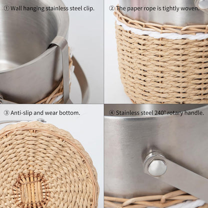 Handwoven 3L Stainless Steel Ice Bucket with Lid and Ice Tongs, Large Insulated Chilling Bucket Handcrafted Wicker Paper Rope for Party Wedding Home Bar Decor