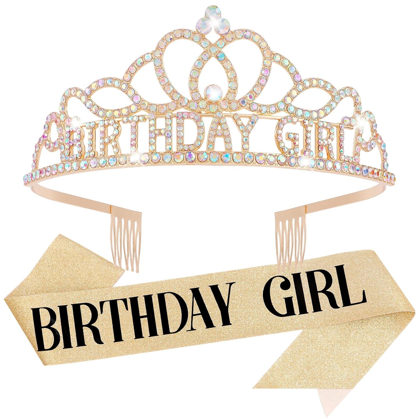 Chanaco Happy Birthday Crown and Sash Kit for Women and Girls - Rhinestone Tiara and Sashes with 'BIRTHDAY GIRL' Sash for Party Favors