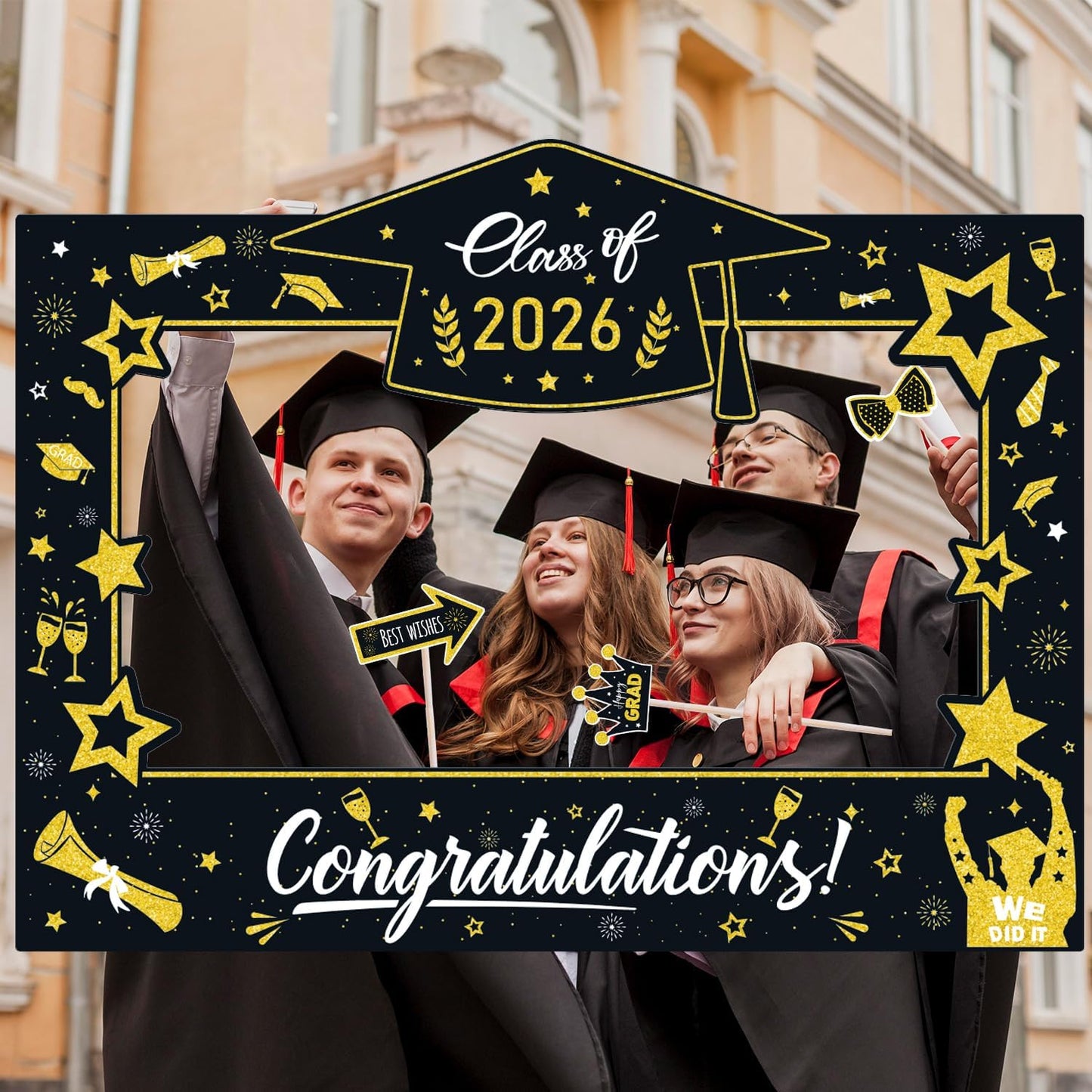 Graduation Decorations Class of 2026 Photo Booth Props - Blue and Gold 2026 Graduation Frame & Photo Props Congrats Grad Class of 2026 Decor for Graduation Party Supplies