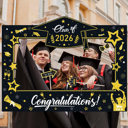 Graduation Decorations Class of 2026 Photo Booth Props - Blue and Gold 2026 Graduation Frame & Photo Props Congrats Grad Class of 2026 Decor for Graduation Party Supplies