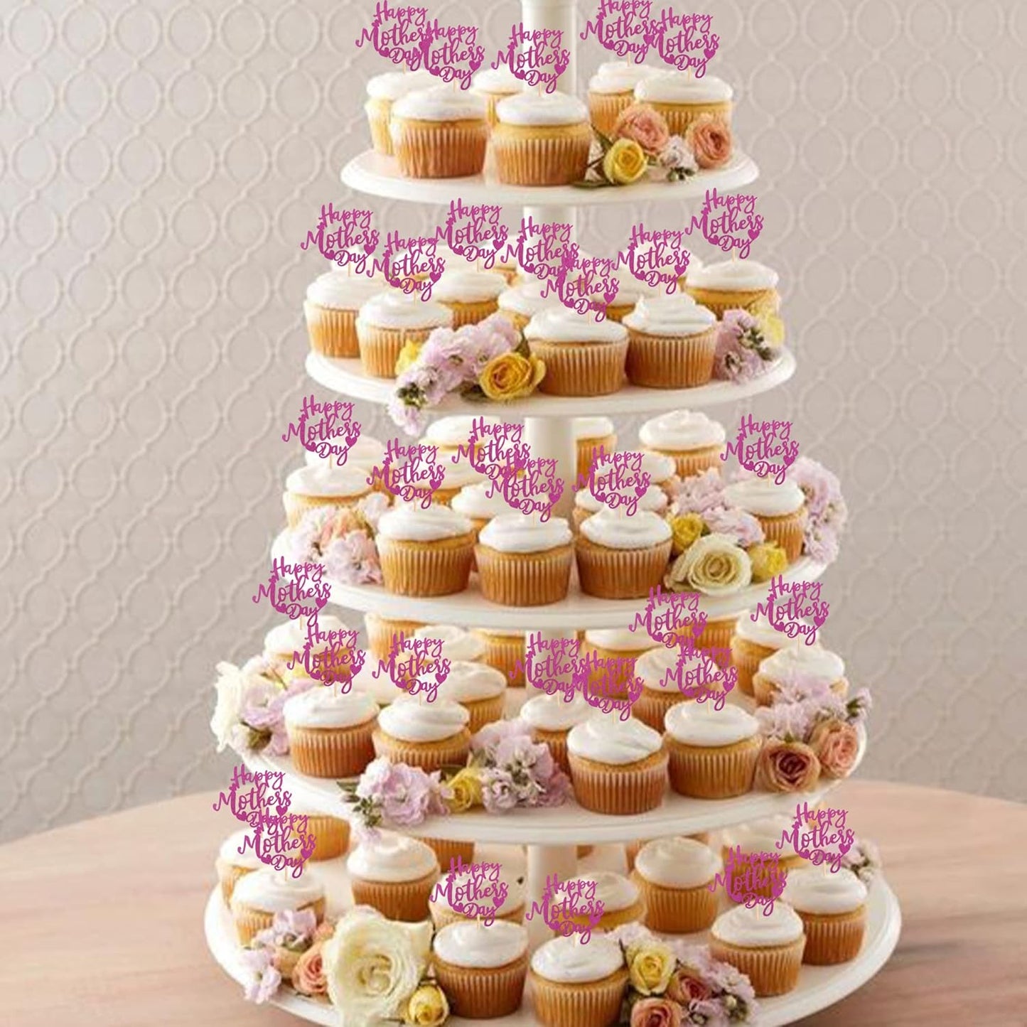 24 PCS Happy Mother's Day Cupcake Toppers with Glitter Heart Love Mother Best Mom Cupcake Picks for Happy Mother's Day Theme Women Birthday Party Cake Decorations Supplies Rose Gold