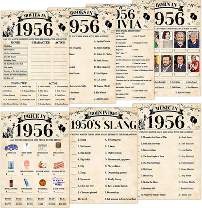 70Pcs 70th Birthday Party Games Born In 1956 Fun 1956 Trivia Music Slang Books Game Double-Sided Game Cards Vintage 70th Birthday Party Supplies for 70 Year Old Activity Anniversary Class Reunion