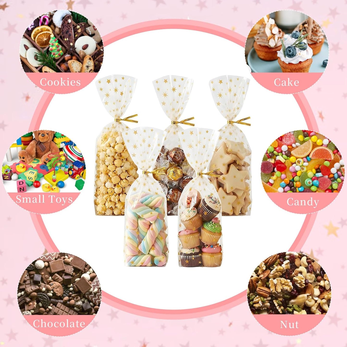 CCINEE 150 Pcs Cellophane Treat Bags, 5 X 11 Inches Gold Star Print Clear Gift Wrap Candy Bags Goodie Bags with Twist Ties for Wedding, Birthday Party Favors, Bakery, and Gift Packaging