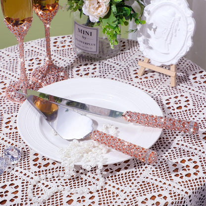 Sratte 4 Pcs Wedding Cake Knife and Champagne Flutes Server Set, Toasting Crystal Rhinestone Champagne Flutes Glasses Cake Knife Pie Server Wedding Gifts for Couple Bride Groom(Gold)
