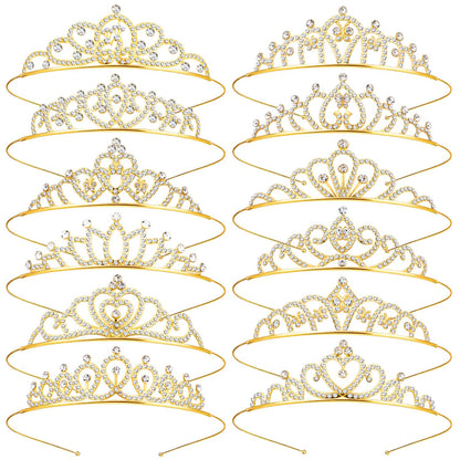 10 Pcs Crystal Crowns Headbands, Gold Princess Headband Rhinestone Crown Queen Headband with Comb for Women Princess Hair Accessories for Birthday Party, Wedding(Random)