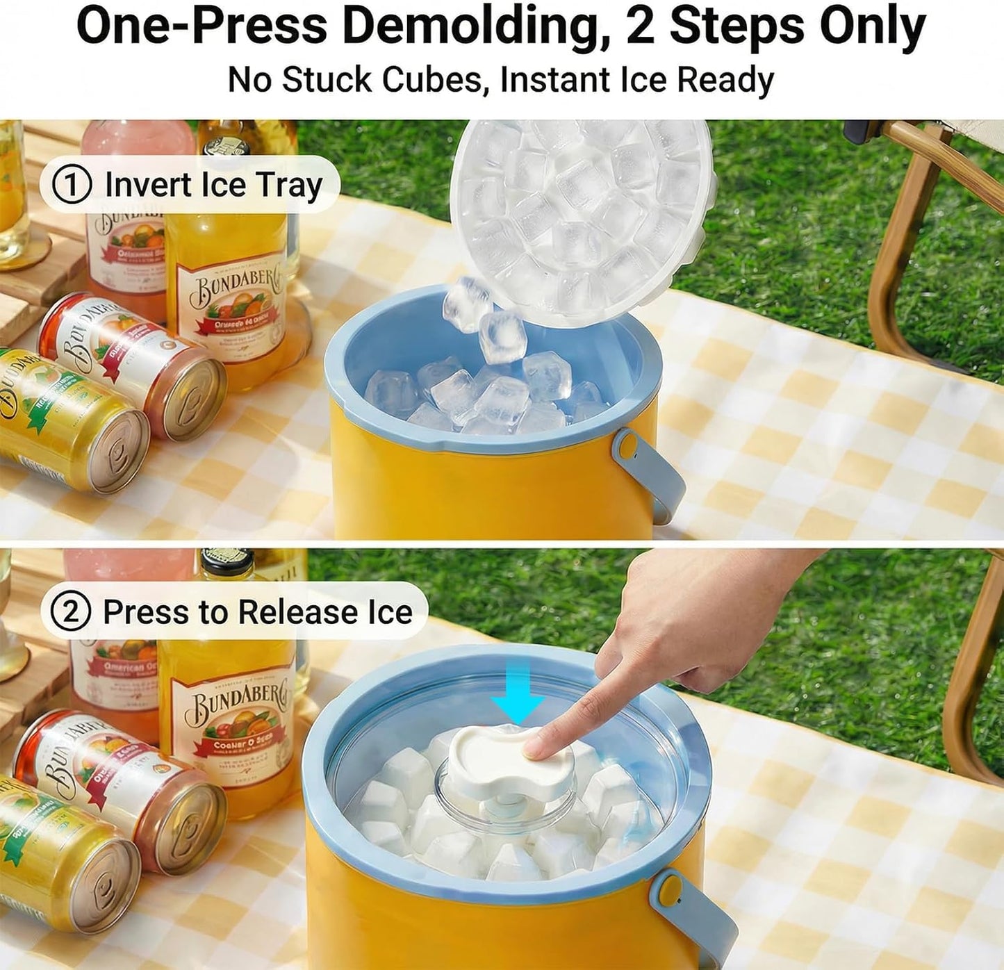 【2-in-1 Ice Bucket】Ice Bucket with Lid and Ice Tray, 40 Ice Cubes Total,Clear Ice Cube Maker with Sealed Lid for Freezer, Kit Includes 2-Piece Silicone Plastic Ice Tray, 1 Ice Scoop