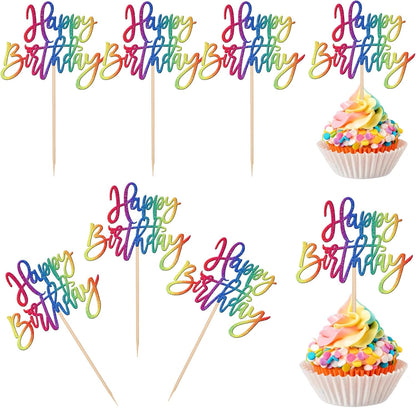 24 PCS Happy Birthday Cupcake Toppers Glitter Picks for Celebrating Anniversary Theme Party Cake Decorations Supplies Gold