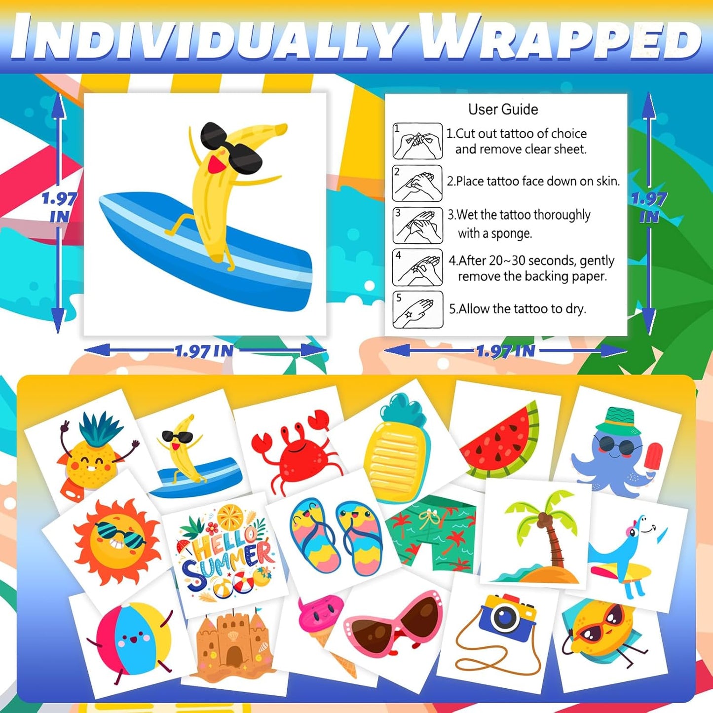 winthrop 240 Pcs Bulk Summer Temporary Tattoos for Kids, Individually Wrapped Safety Waterproof Tattoos, Best Choice for Hawaiian Luau Party Pool Beach Party Favors Classroom Matching Game, 60 Designs